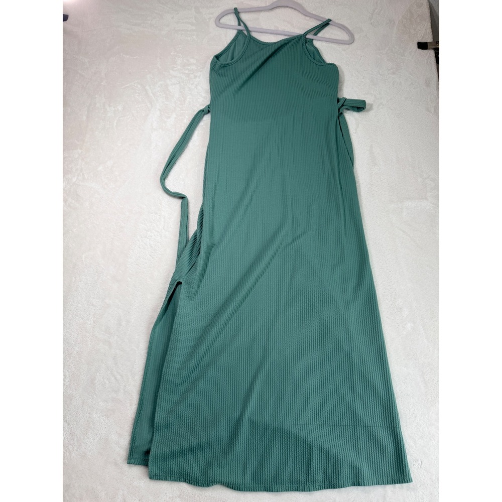 Sage Green Ribbed Knit Maxi Dress Womens L Belted Side Slit Minimalist Coastal